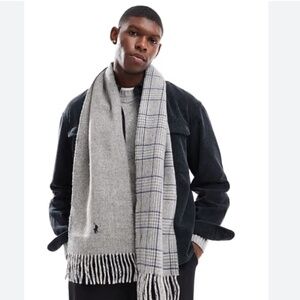 RALPH LAUREN LAMBS WOOL BLEND SCARF PLAID TARTAN PRINT GRAY REVERSIBLE HOLIDAY